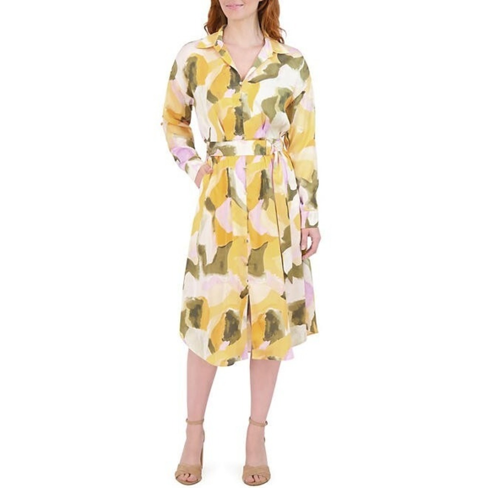 French Connection Womens Abstract Floral Belted Midi Shirt Dress Yellow Multi M